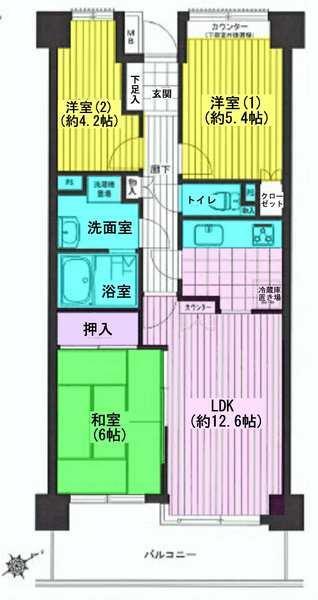 Floor plan. 3LDK, Price 24,800,000 yen, Occupied area 65.08 sq m , Balcony area 9.75 sq m