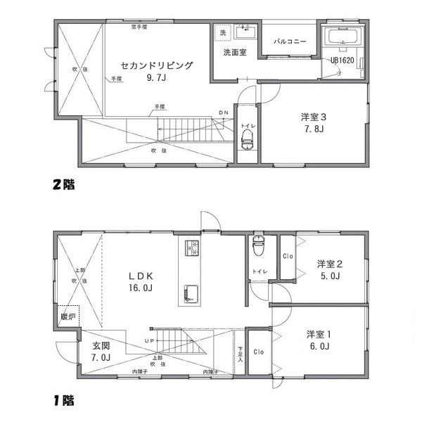 Floor plan. 50,958,000 yen, 3LDK + S (storeroom), Land area 185.24 sq m , LDK from the first floor of the foyer with a building area of 108.06 sq m unity, Second floor of the second living both, It is a space designed to lead by a large atrium.