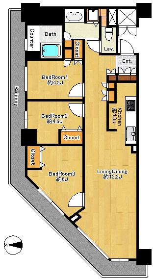 Floor plan. 3LDK, Price 47,900,000 yen, Occupied area 74.77 sq m , Balcony area 21.38 sq m