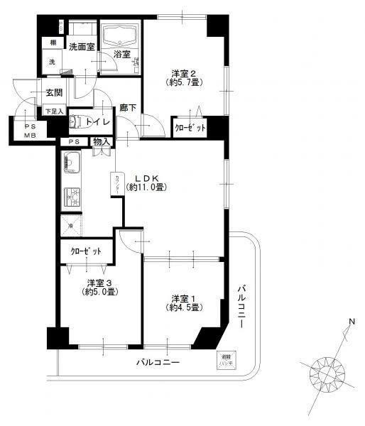 Floor plan. 3LDK, Price 19.9 million yen, Occupied area 59.32 sq m , Balcony area 9.98 sq m