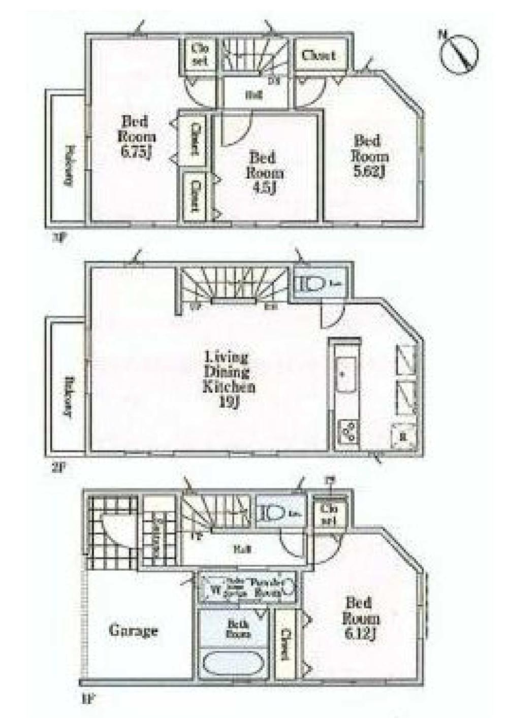 Floor plan. (3 Building), Price 36,800,000 yen, 4LDK, Land area 63.37 sq m , Building area 108.05 sq m