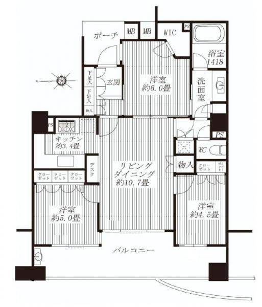 Floor plan. 3LDK, Price 34,800,000 yen, Occupied area 70.31 sq m , Balcony area 13.89 sq m