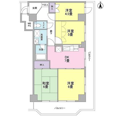 Floor plan. Proprietary area of about 65 sq m , 4DK is the type of floor plan. Per southeast angle room, Sunshine good
