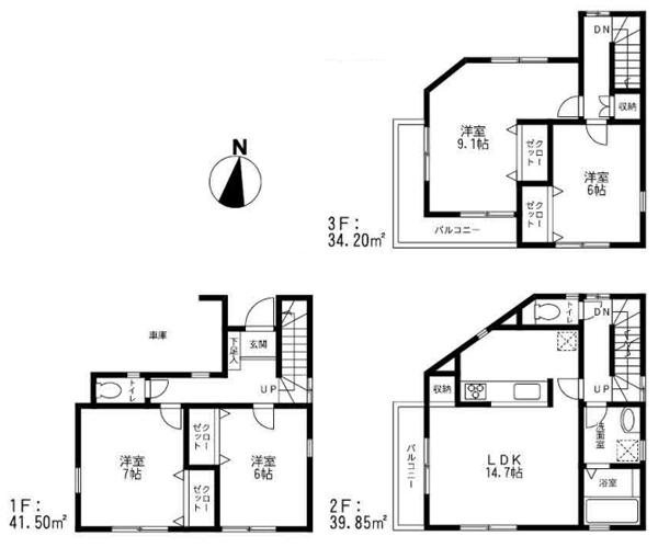 Floor plan. (3 Building), Price 38,800,000 yen, 4LDK, Land area 60.48 sq m , Building area 115.55 sq m