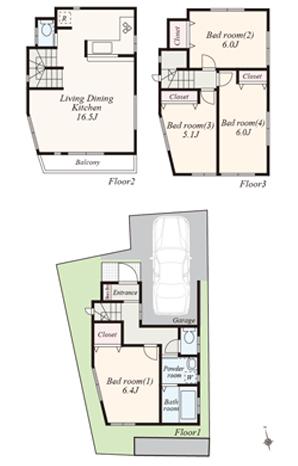 No.18 between the floor plan (4LDK + car space Site area 57.08 sq m Building area 100.92 sq m / Garage portion including 8.07 sq m)