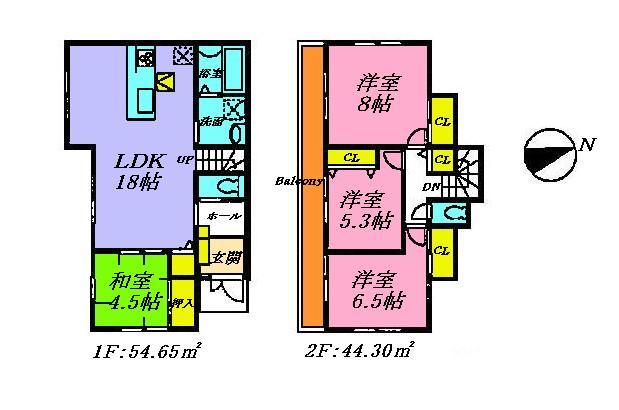 Floor plan. 51,800,000 yen, 4LDK, Land area 124.14 sq m , Is a floor plan of 4LDK of a building area of ​​98.95 sq m face-to-face kitchen LDK18 Pledge and the main bedrooms 8 pledge.