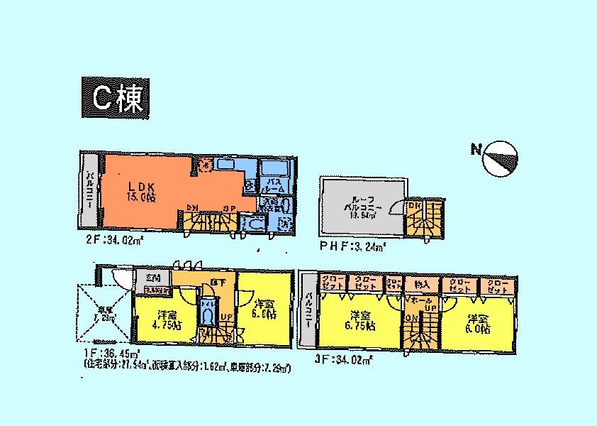 Floor plan. (C Building), Price 35,900,000 yen, 4LDK, Land area 57.1 sq m , Building area 107.73 sq m