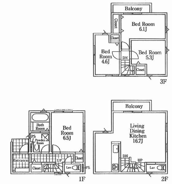 Floor plan. (3 Building), Price 39,800,000 yen, 4LDK, Land area 67.65 sq m , Building area 92.74 sq m