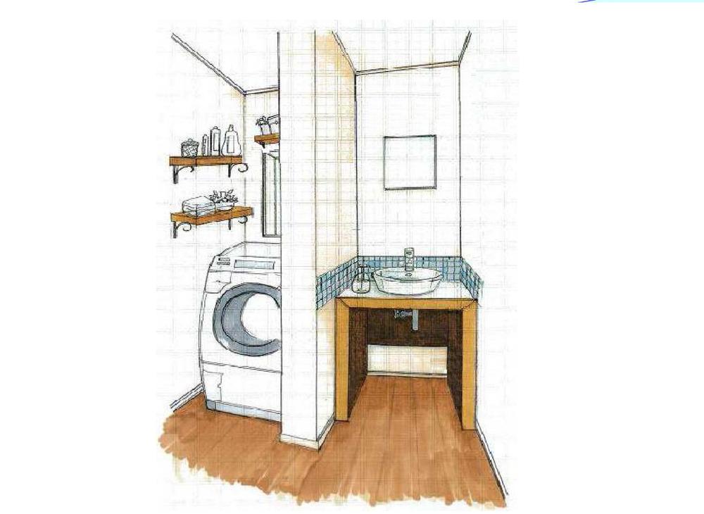 Rendering (introspection). Washroom Rendering: cabinet woodgrain shine well in simple white space is provided.