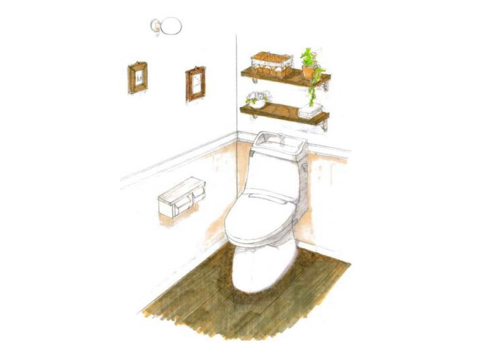 Rendering (introspection). Toilet Rendering: also set up a natural shelf of grain to the toilet. Or place the plant, I want what is available to arrange fashionable cute cafe curtain, such as hidden.