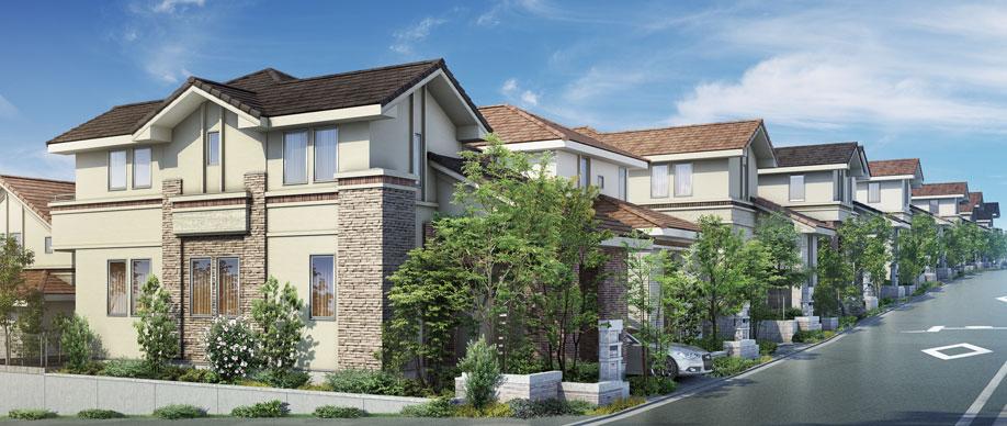 Cityscape Rendering. Rooftops of all 34 House is located in a quiet mansion area of ​​"Eda" station walk 13 minutes. And soft wind, Achieve a city block plan of the southern tiers wrapped in bright sunshine. (Cityscape Rendering ※ 1)