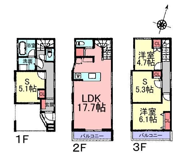 Floor plan. (A Building), Price 34,800,000 yen, 2LDK+2S, Land area 58.22 sq m , Building area 105.5 sq m