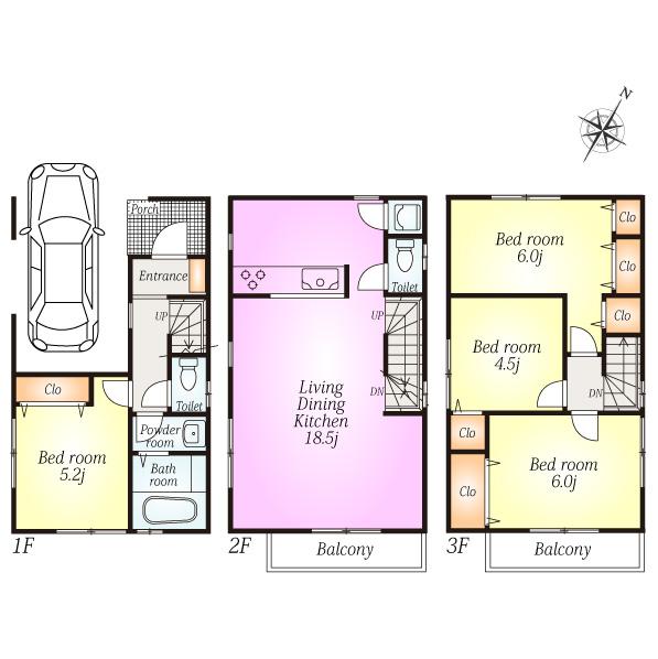 Floor plan. (3 Building), Price 30,800,000 yen, 4LDK, Land area 58.7 sq m , Building area 94.38 sq m