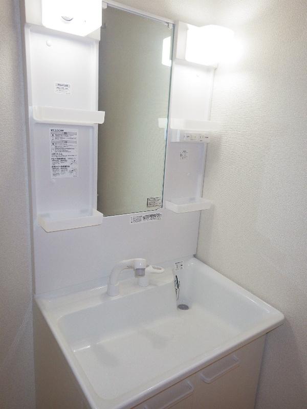 Wash basin, toilet. With hand shower in the bathroom vanity