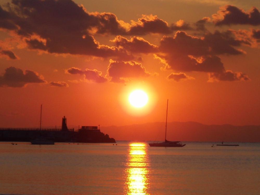 Other. Sunset from Zushi coast, Breakwater of the marina Hayama looks to the left