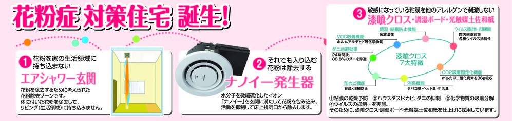 Other Equipment.  [Commitment hay fever such measures "clean air housing"] (No. 5 point) (1) is not brought into the house of the living area and the like pollen (air shower entrance) (2) still to remove the pollen, etc. from entering (Nanoi generator) (3) mucosa of the other that is a sensitive . 