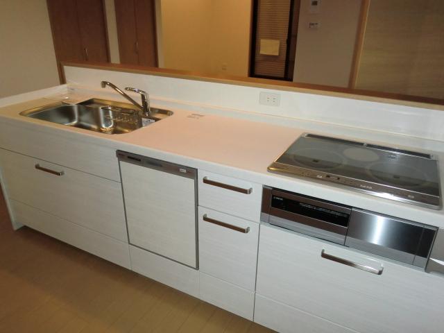 Kitchen. With a sliding-type dishwasher, You can use to clean with artificial marble work top.