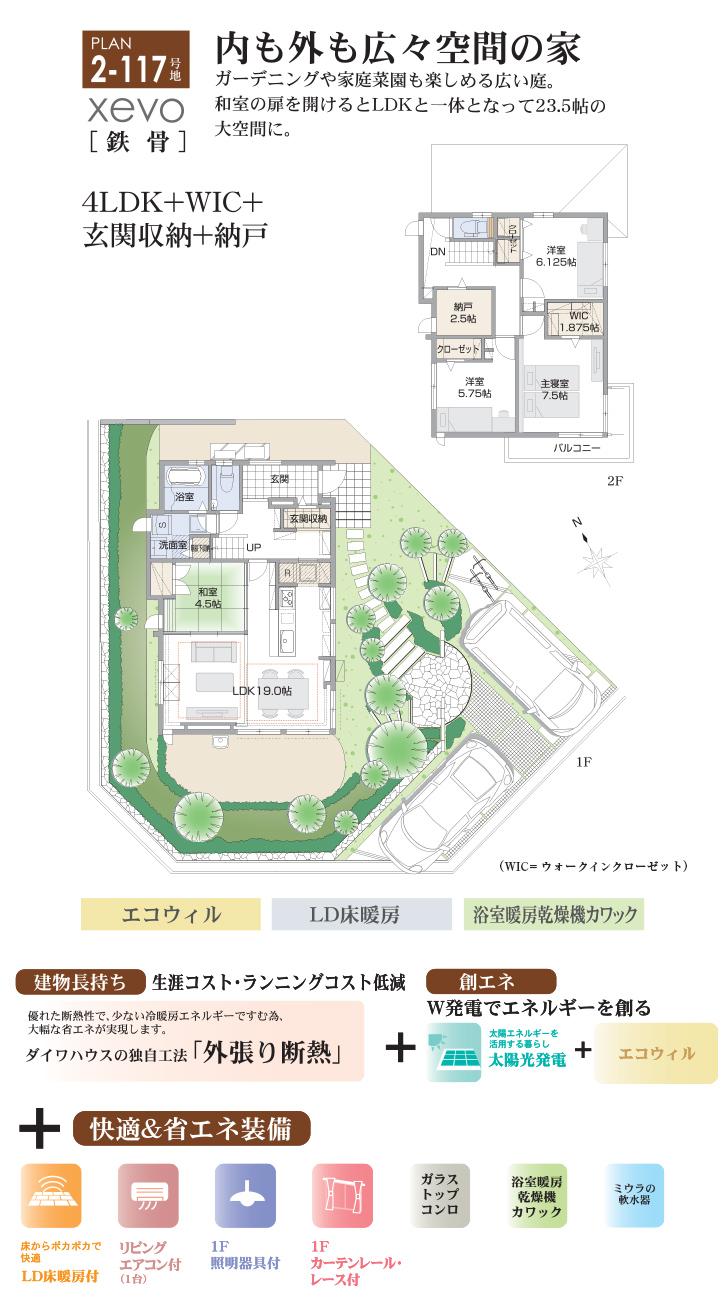 Floor plan.  [2-117 No. land] So we have drawn on the basis of the Plan view] drawings, Plan and the outer structure ・ Planting, such as might actually differ slightly from.  Also, furniture ・ bicycle ・ Car, etc. are not included in the price. 