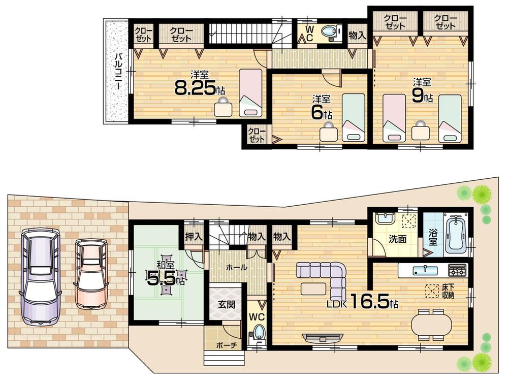 Floor plan. 23.4 million yen, 4LDK, Land area 105.59 sq m , Building area 105.3 sq m Floor Plan (No. 5 locations) Frontage spacious open floor plan!