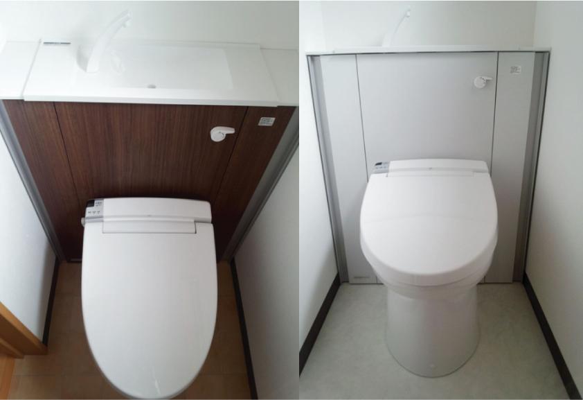 Toilet. Construction example: Come on toilet with cabinet, It is not visible such as a tank, Accessories also Shimae with peace of mind! Cleaning is also easy to design!
