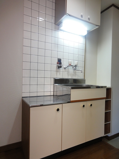 Kitchen. Two-burner gas stove can be installed. It is a photograph of another room.