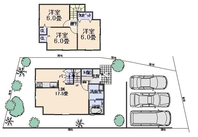 Compartment view + building plan example. Building plan example, Land price 21,700,000 yen, Land area 155.52 sq m , Building price 15.6 million yen, Building area 77.76 sq m basic outside 構費 1.5 million yen Comicomi price 38,800,000 yen! 