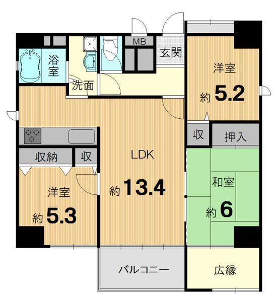 Floor plan. 3LDK, Price 26,800,000 yen, Occupied area 73.48 sq m , Balcony area 5.58 sq m