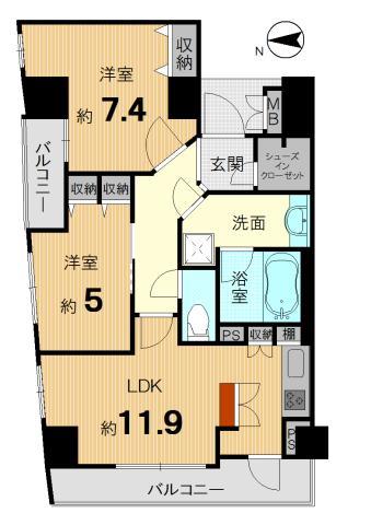 Floor plan. 2LDK, Price 27,800,000 yen, Occupied area 58.09 sq m , Balcony area 6.59 sq m