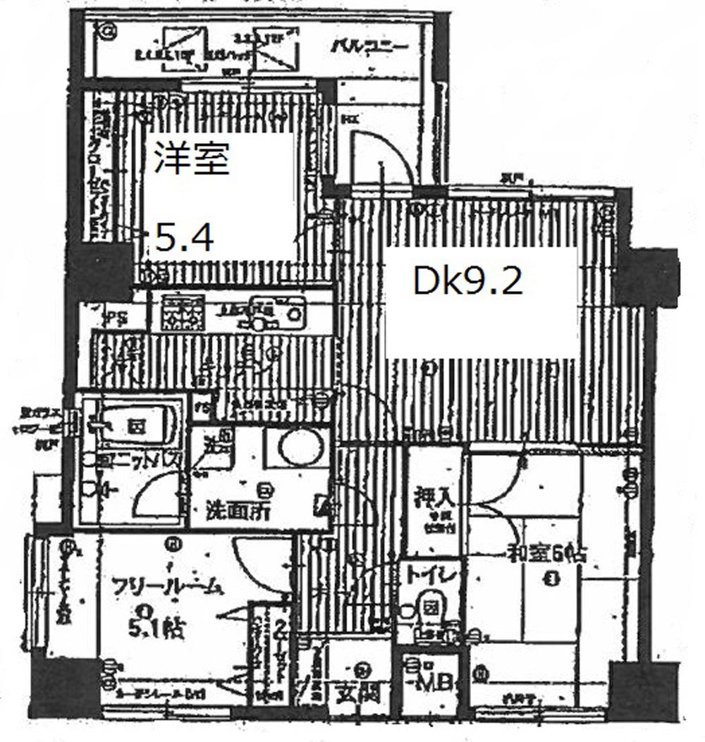 Floor plan. 3LDK, Price 38 million yen, Occupied area 62.46 sq m , Balcony area 7.35 sq m south-facing living, Daylighting good