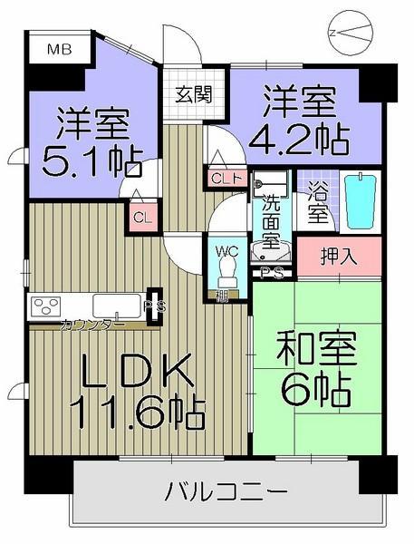Floor plan. 3LDK, Price 19.5 million yen, Occupied area 57.51 sq m , Balcony area 9.52 sq m