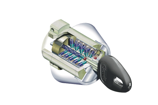 Security.  [F22 cylinder] Round keyhole, Such as by about 5 trillion ways also of theory key differences and the pin of the shape and arrangement, Strongly in picking, Incorrect lock and to prevent unauthorized duplication (conceptual diagram)