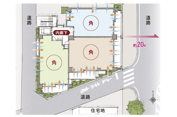Features of the building.  [Location] Even though it is on the main street in front of the station zone, 3 corner lot that direction is facing the road. The characteristics of the corner lot that can be both independence and openness is also taking advantage of the dwelling unit plan, In residential building located in the room that one floor 3 House, Both all dwelling units has become a corner dwelling unit multifaceted daylight light and the wind is full of (rich conceptual diagram)