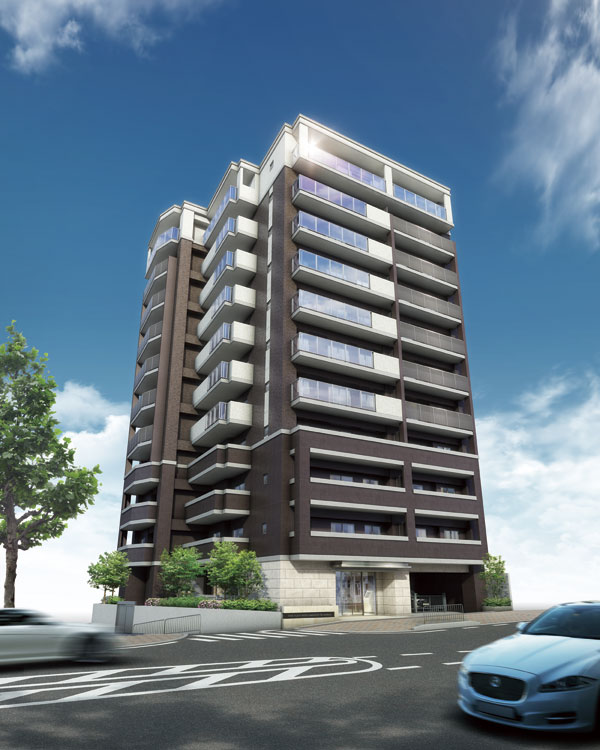 Buildings and facilities. Black and white wall of white that the image of a Japanese roof tiles that tell the formality of Rakuto. Edging a modern texture of the decorative concrete the black of large format tiles in foundation part. It has extended presence as harmony and residence to the streets (Exterior view)