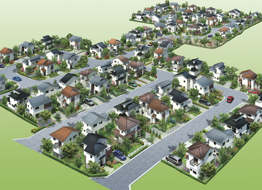 Rendering (appearance). The property family of the same generation often. Since the car has become a through difficult Town design, Less likely to car other than the residents from entering, But peace of mind even if the children to play in front of the house (Town whole Rendering)