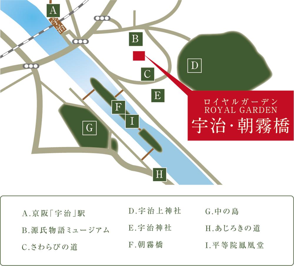 Local guide map. Including the Byodo a World Heritage Site, The Tale of Genji is also famous as the land of Yukari. 