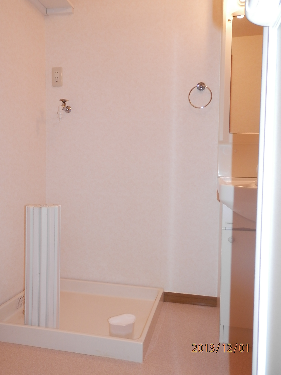 Washroom. Next to the wash basin, There is a washing machine storage