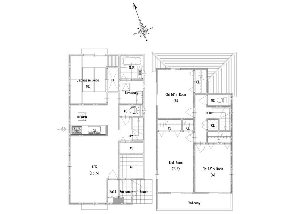 Building plan example (floor plan). Building plan example (No. 3 locations) 4LDK, Land price 9.7 million yen, Land area 136.56 sq m , Building price 18 million yen, Building area 104.35 sq m