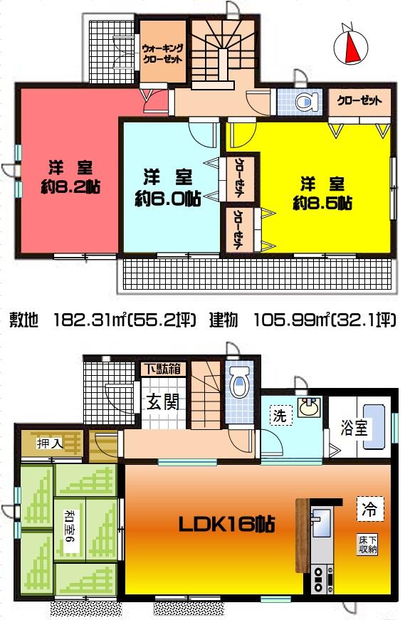 Floor plan. 27,800,000 yen, 4LDK + S (storeroom), Land area 182.31 sq m , Building area 105.99 sq m ground guarantee ・ 10 years building guaranteed by the insurance of the JIO home ・ Termite warranty ・ Dairaito method adopted ・ All-electric