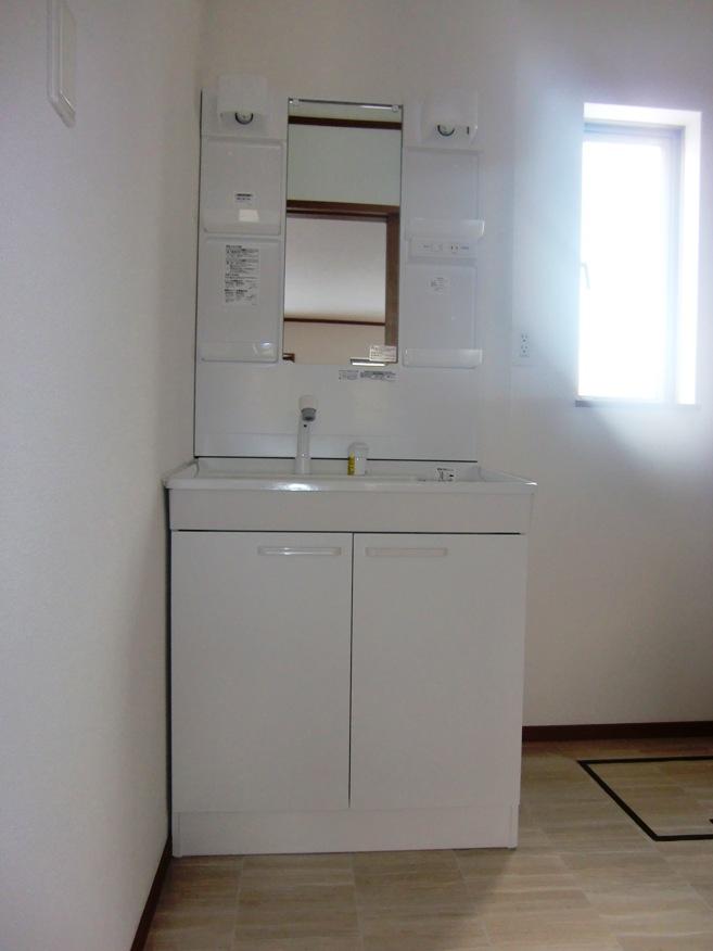 Wash basin, toilet. Vanity with shower