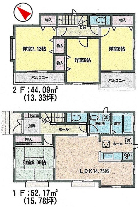 Floor plan. (Building 2), Price 22,300,000 yen, 4LDK, Land area 121.05 sq m , Building area 96.26 sq m