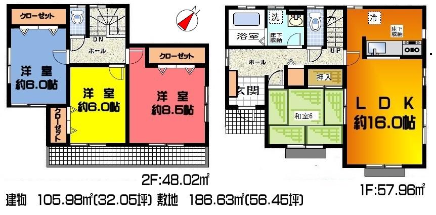 Floor plan. (16 Building), Price 33,800,000 yen, 4LDK, Land area 186.63 sq m , Building area 105.98 sq m