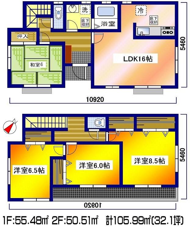 Floor plan. (6 Building), Price 34,300,000 yen, 4LDK, Land area 182.44 sq m , Building area 105.99 sq m