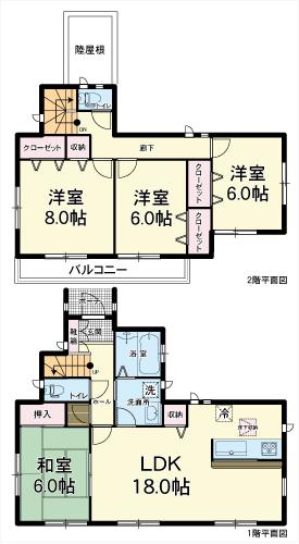 Floor plan. (1 Building), Price 29,800,000 yen, 4LDK, Land area 204 sq m , Building area 105.98 sq m