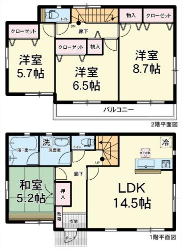 Floor plan. (Building 2), Price 27,900,000 yen, 4LDK, Land area 180.19 sq m , Building area 98 sq m
