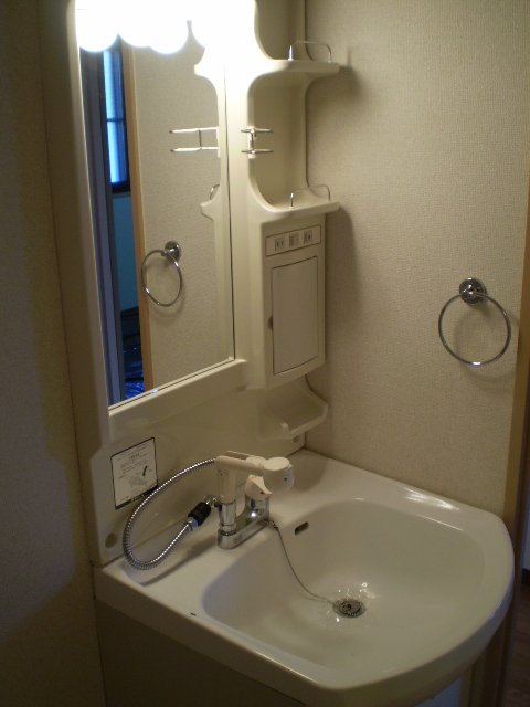 Washroom. Vanity equipped with a shower