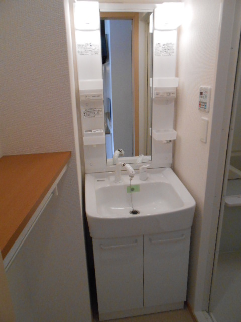 Washroom. Vanity equipped with a shower