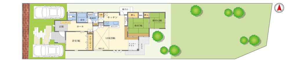 Floor plan. Imposing completion of the F No. land model house! By all means, please realize the size of the room in a local. 
