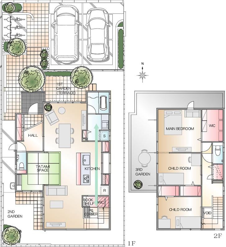 Floor plan. So we have drawn on the basis of the Plan view] drawings, Plan and the outer structure ・ Planting, such as might actually differ slightly from.  Also, furniture ・ car ・ The bicycle not included in the price. (WIC = walk-in closet)
