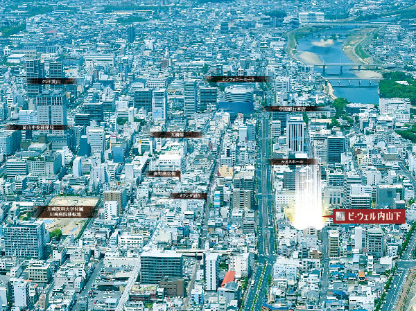 Surrounding environment. Korakuen (about 1200m) nature of such, history, Is also a culture still gorgeous city center "Uchisange". Of this land unique, Please enjoy the time mellow. (And subjected to some CG processed into shooting sky of June 2013 shooting, In fact a slightly different) ※ Kawasakiikadaigakufuzokukawasakibyoin is the relocation plan fiscal 2016.