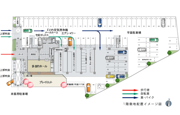 Shared facilities.  [Site layout] On-site safety and walking roadway separation design of smooth approach. All houses worth more planes parking, Storage volume of 200% or more of the parking lot, Also it has secured a dedicated space that corresponds to the bike. The air shower installed in the common areas, Blow away the pollen and yellow sand attached to the clothes, About 87 ~ To remove the 96%. Because the Pet Friendly apartment with a "washing place" and "elevator in the air cleaner.", Pet breeding is possible that kept the rules and manners by Terms.